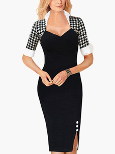 Robe bodycon noir col V à pois fendu