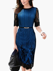 Robe bodycon col ras du cou avec rayure dentelle