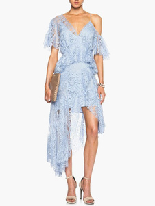 Robe skater dentelle bleu ciel clair col V