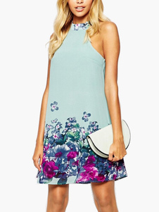 Robe droite chiffon vert gazon fleuri col montant