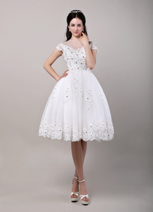 Robe de mariage exquise princesse tulle champagne dentelle longueur genou