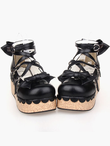 Sweet Lolita noir haute plate-forme chaussures Grain de bois unique cheville bretelles noeuds
