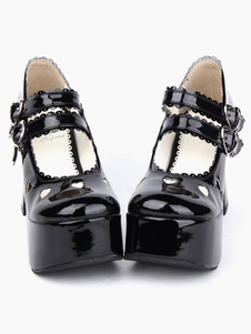 Brillant noir Lolita poney Heels Shoes plateforme chaussures cheville sangles Boucles Bow coeur creu