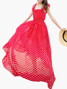 Robe longue rouge chiffon pois plissé col carré