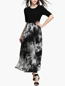 Robe longue noir chiffon fleuri plissé