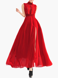 Robe longue chiffon dentelle fendu volants col large