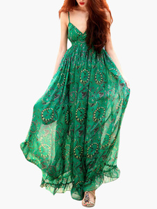 Robe longue vert Soie de lait à volants bretelles