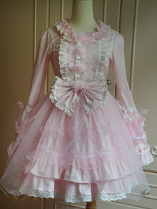 Toussaint Cospaly Costume en coton Lolita Jupe rose clair manches longues dentelle Surface arcs