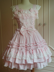 Toussaint Cospaly Costume en coton Lolita Jupe rose clair avec dentelle garniture Lace Up volants