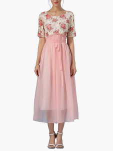 Robe skater chiffon rose fleuri plissé dentelle