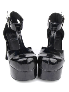 Brillant noir Lolita sandales talons Chunky plate-forme chaussures cheville boucle de la sangle