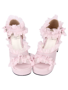 PU cuir rose ébouriffées Trim milieu talon rond Toe Lolita sandales