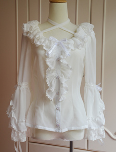 Toussaint Cospaly Costume en soie Lolita blanche pure Blouse longue manches cou bretelles dentelle