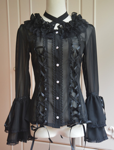 Lolita de mousseline de soie noire Hime longues manches lacets bandoulières garniture de dentelle