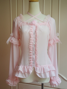 Sweet Pink en mousseline de soie, Lolita Blouse volants dentelle cou garniture sangles fleur Bow