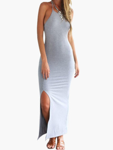 Robe Maxi sangles cou Split Front sans manches femmes