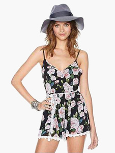 Populaire noir fleurs salopette de mousseline de soie femme