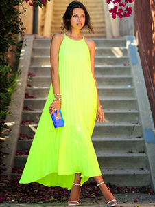 Robe longue vert fluo chiffon plissé à bretelles
