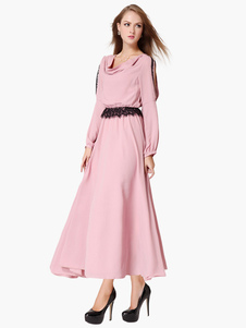 Robe longue rose chiffon dentelle