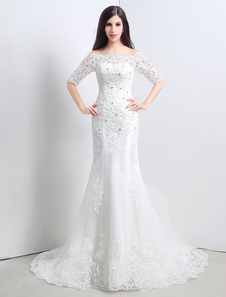 Robe de mariage exquise sirène voile de tulle ivoire brodé Avec traîne