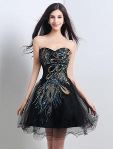 Robe fête de la rentrée A-ligne organza noir brodé mini