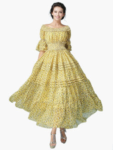 Robe longue jaune chiffon impression hors de l'épaule