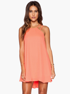 Robe d'été rose bonbone unicolore creusé col V