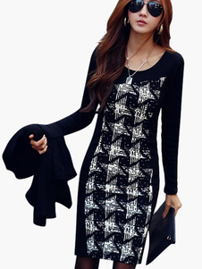 Mini robe noir multicolore plissé col rond