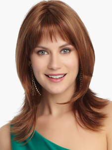 Perruque de cheveux humains pour femme havane Frange ébouriffée