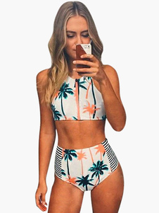 Maillot de bain 2 pièces sexy blanc de palme pour femme