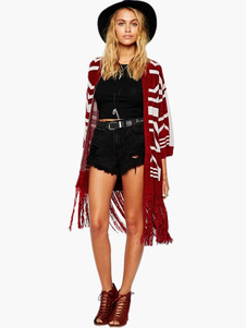 Cardigan mode bordeaux géométrique avec frange