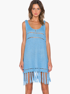 Robe droite mode en acrylique bleu avec frange