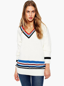 Pull féminin mode blanc avec rayure manches longues