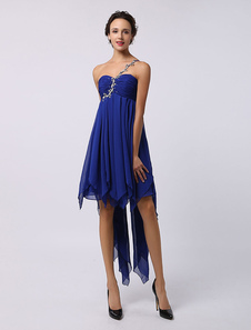 Robe de cocktail mat bleu roi taille empire en satin