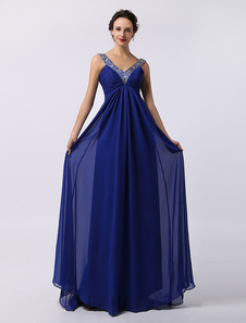 Robe de soirée mat bleu roi taille empire en satin
