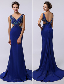 Robe de soirée bleu fourreau en satin de soie stretch