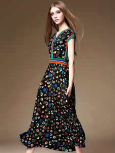 Robe longue multicolore en chiffon impression