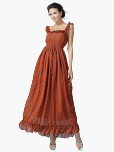 Robe longue marron en chiffon plissé