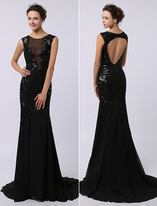 Robe de soirée sirène chiffon noir Avec traîne