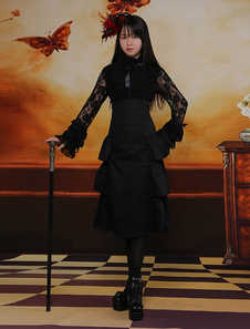Classique Noir Longue Jupe Lolita gothique excellente en coton unicolore avec noeuds