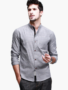 Chemise 100% coton gris bleu manches longues