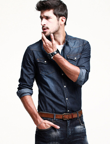 Chemise 100% coton bleu color-block manches longues