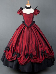 Costume Robe victorienne rouge manches courtes plissées