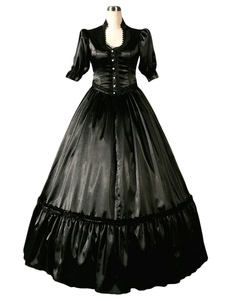 Victorien noir manches courtes Popeline rétro robe Costume