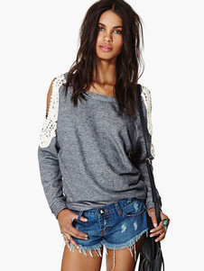 Pull de sport coton gris bicolore creusé col ras du cou