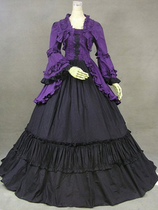Costume Robe de style victorien violet manches longues volants Popeline