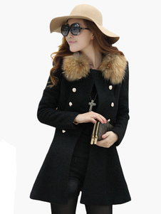 Manteau laine unicolore avec fourrure croisé col montant