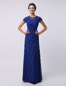 Robe mère de mariés fourreau dentelle bleu roi