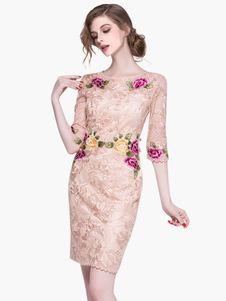 Imprimé floral à encolure dégagée manches moitié brodé robe kaki