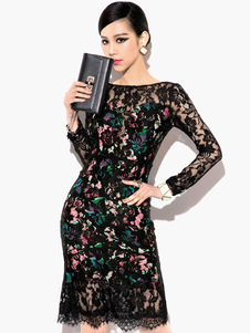 Imprimé encolure dégagée manches longues découpe robe dos-nu noir